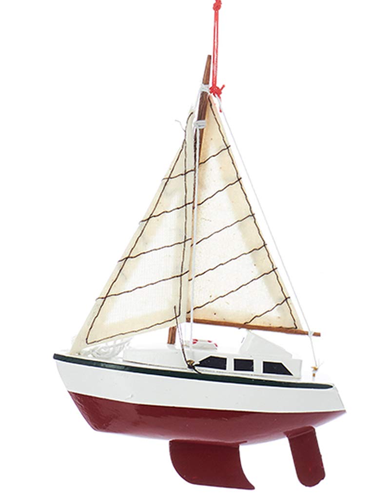 Wooden Yacht - Sailboat Christmas Ornament, 4 inches, RED Hull