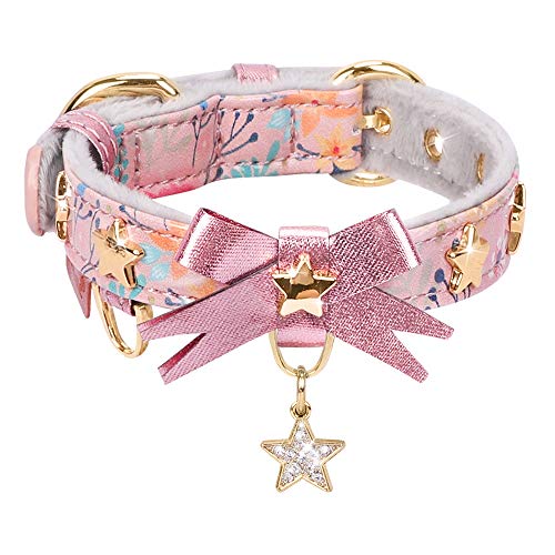 PetsHome Cat Collar, Dog Collar, [Cute Bowtie][Golden Star] Floral Print Patterned Soft Adjustable Collars with Pendant for Cat and Small Dog Extra Small Pink