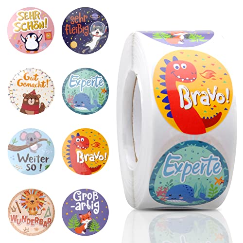 500 Stück 4cm Motivationsaufkleber für Kinder Selbstklebende Lehrer Belohnung Aufkleber mit 8 Süßer Tiere Motive Belohnungssticker Lob Belobigung Sticker für Schule Lehrerbedarf Cover