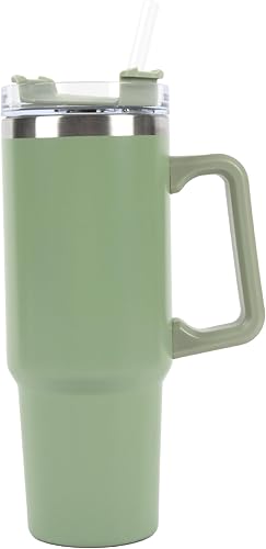 New View Gifts Vaso de 30 onzas con tapa y popote, taza aislada reutilizable con asa, vaso de acero inoxidable para bebidas heladas y calientes,