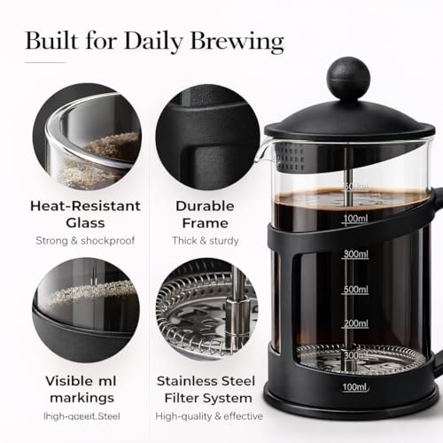 Image of GLOW Classic Continental 1 Litre Black Cafetiere - Premium Manual 4 Cup French Press Coffee Maker with Toughened Shockproof Glass Pot and Plunger Filter for Ground Beans Espresso Tea
