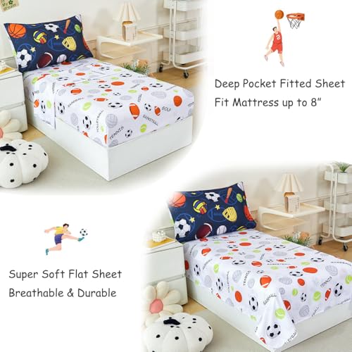 Image of PERFEMET Sports Toddler Bedding Set, 3D Soccer Baseball Football Basketball 4 Pieces Comforter Set with Sheets and Pillowcases, Ultra Soft Navy Blue Bed in A Bag Toddler Bed Set for Kids Boys Girls