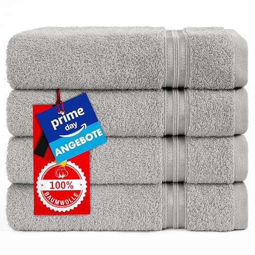 Hammetex 4er Badetuch Set, 100% Baumwolle Premium Qualität Groß 50x100cm Handtuch, Weich Saugstark Schnell Trocknendes Händehandtuch, Hellgrau