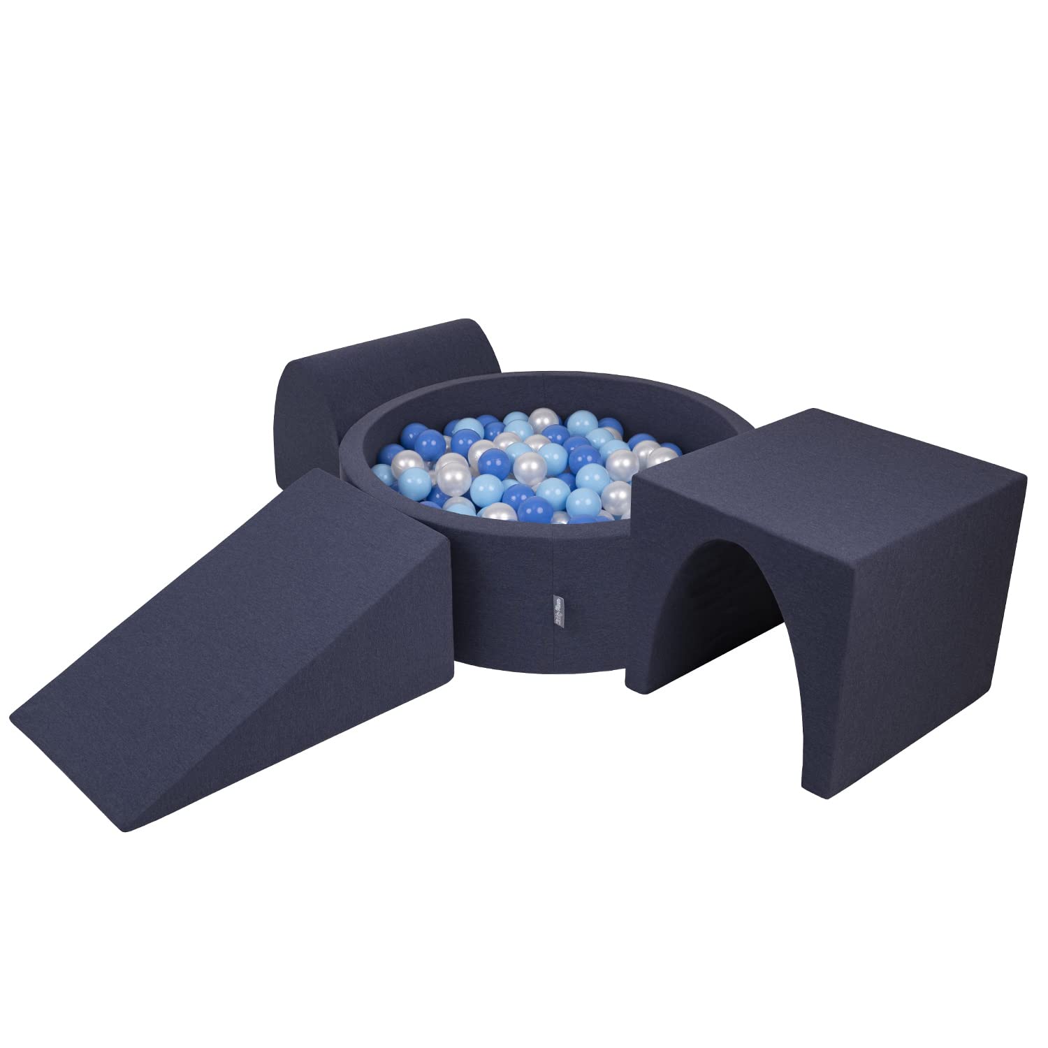 KiddyMoon Foam Playground For Kids With Round Ballpit (200 Balls ∅ 7Cm/2.75In) Soft Obstacles Course And Ball Pool, Darkblue:Babyblue/Blue/Pearl