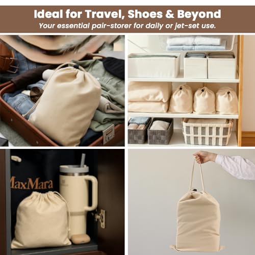 Image of LFH Cotton Rich Shoe Storage Bags with Drawstring, Dustproof Breathable Reusable Organizer, Perfect For Travel, Dorm, Hotel, College, Gym, Easy to Carry, 8 inchx17 inch (Pack of 2) - Natural Thanks Giving