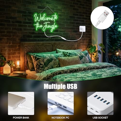 Image of ineonlife Welcome to the Jungle Neon Sign Green Letter LED Neon Lights for Bedroom Wall Love Oh Baby for Room Decor Bar Party Wedding Engagement Wall Hanging Decor USB Powered Green USB Powerd 15.3x12.6in