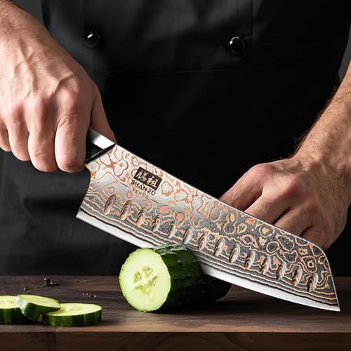 SHAN ZU SHAN ZU Kupfer Damastmesser Santokumesser Japanisches Kochmesser 18 cm Küchenmesser Handgeschmiedet 33 Schichten Damaststahl Profi Messer Scharfes Fleischmesser mit Ahornholzgriff- VENUS-Serie - Designansicht 6 | Küchenmesser