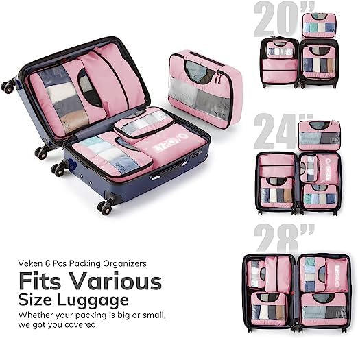 Image of Lyrovo 6 Pcs Packing Cubes Travel Accessories for Toiletry Organizer Bag (PINK)