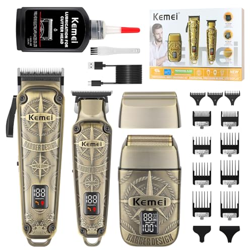 KEMEI Cortapelos profesional para hombres, inalámbrico completo de peluquería con cuchilla en T, kit completo de corte de pelo eléctrico con 11 guías, recargable rápida por USB, pantalla LED