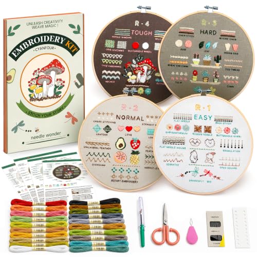 CYANFOUR Embroidery Kit for Beginners, 4 Stages to Learn 38 Stitches, with Step-By-Step Instructions and Clear Videos, Includes Multiple Accessories, Gift for Craft Lovers