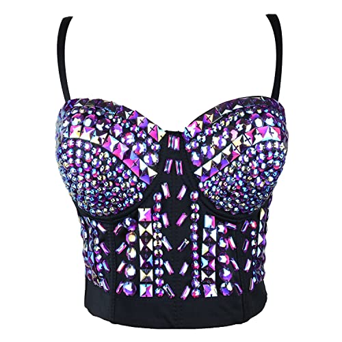 ELLACCI Women's Sexy Rhinestone Bustier Crop Top Club Party Glitter Corset Top Bra Purple2