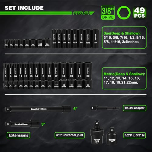 Image of TecoTek 3 /8 inch Drive Impact Socket Set, 49-Piece Standard SAE (5 /16 inch-3 /4 inch) and Metric (8mm-22mm), 6 Point, Cr-V, Extension Bars, 1 /2 inch F to 3 /8 inch M Reducer, Universal Joint and Power Drill Adapter