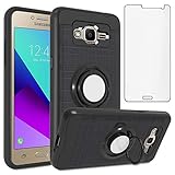 Asuwish Compatible with Samsung Galaxy Grand Prime J2 Prime Case Tempered Glass Screen Protector Cover and Magnetic Stand Ring Holder Rugged Cell Accessories Phone Cases for Glaxay 2 2J Plus Men Black
