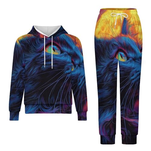 Boys Girls Pullover Hoodie and Pants Outfit 2PCS Set Sweatshirt for Kids, Cat Moonlight Hippie Neon4