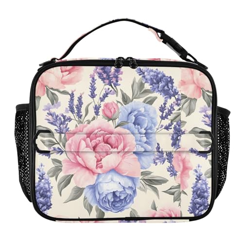 Lonchera para niños, con aislamiento, bonita lonchera para mujeres y hombres, vintage, peonías azules, lavanda, flores, bolsa de almuerzo, organizador portátil para viajes, oficina, trabajo, picnic,