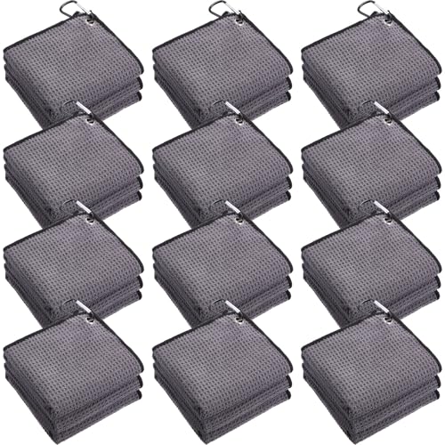 Batiyeer 12 Pcs Golf Towel Bulk for Golf Bags Microfiber Fabric Towel with Clip Waffle Pattern, Fitness, Camping, Hiking, Yoga(Gray,16 x 16 Inches)