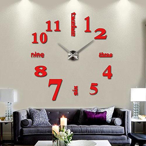 Ceiceili Reloj de Pared 3D con Números Adhesivos DIY Bricolaje Moderno Decoración Adorno para Hogar Habitación (Rojo)
