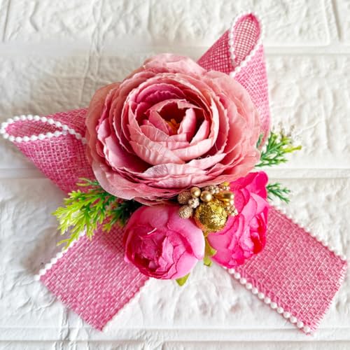 Image of ADIKALA Handmade Artificial Big Peonies 3 Flower Bunch for Trousseau Packing, Ready to use Flower Brooch Hamper for Decoration, Gift Wrapping Flowers (3, Rani Jute)