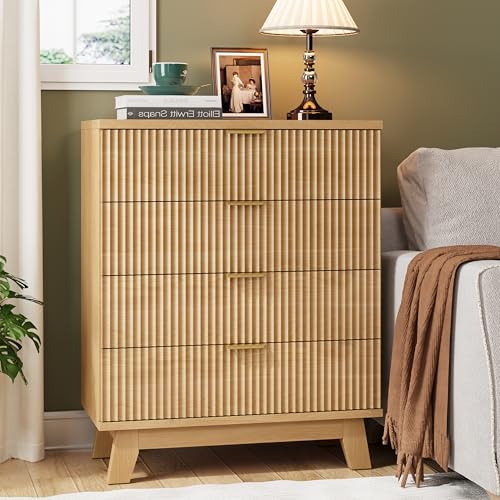 Image of Xixini Fluted Nightstand, 31.5 inch Wide Side Table with 4 Large Storage Drawers, Mid Century Modern Wood Night Stand with Metal Handle, Wooden Bedside End Table for Bedroom, Natural Oak