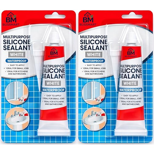 BlissMart White Silicone Sealant Waterproof Strong White Glue x 2 Tubes Multipurpose Bathroom Silicon Seal Mold Resistant Silicone Tool Kitchen Toilet Sink Caulking Shower Seal Filler Sealant Tool