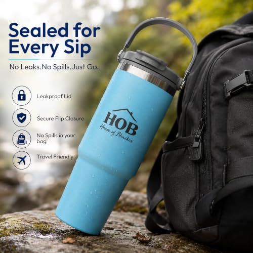 Image of House of Bhaskar 900ml Insulated Coffee Mug with Handle & Lid - Leakproof Stainless Steel Vacuum Travel Mug, Hot 8 Hrs & Cold 12 Hrs, Ideal for Gym, Office, Car & Travel (Sea Blue)