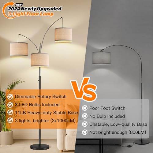 Nintiue F1378 Dimmable Floor Lamp - 3 Lights Arc Floor Lamps For Living Room, 1000Lm Modern Tall Standing Lamp With Beige Shades & Heavy Base thumb #4
