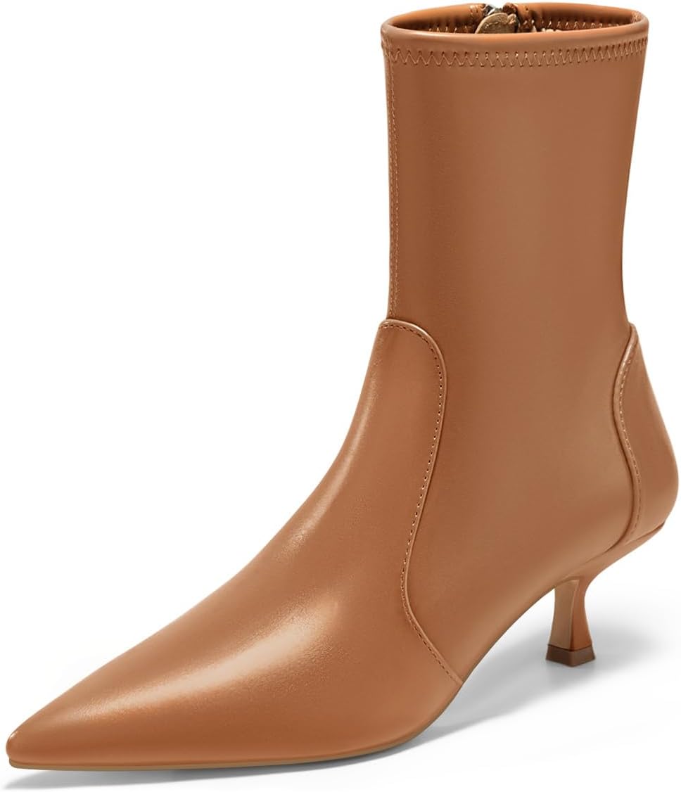 Coutgo Womens Low Kitten Heel Ankle Boots Pointed Toe Booties Side Zipper Fall Shoes