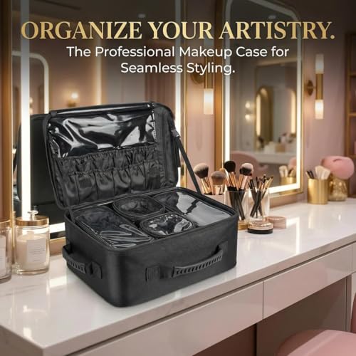 Image of Adson Large Makeup Bag 3 Layers Professional Train Cosmetic Bag Makeup Organizer Case Artist Storage Brush Box with Adjustable Dividers and Strap for Makeup Accessories (Metallic Black)
