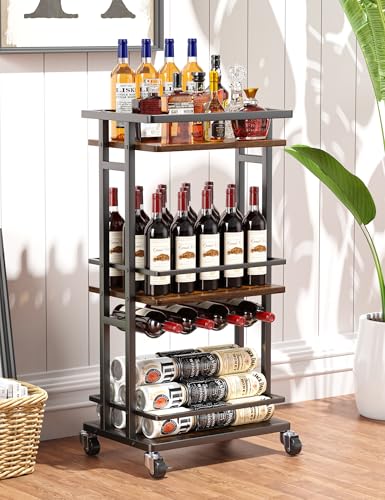 OKZEST 3-Tier Liquor Cabinet with Wine Rack, Mini Bar Cart for Home, Small Liquor Bar for Alcohol, Rolling Kitchen Serving Cart on Wheels, Wine Drink Cart for Party, Bar Stand for Small Space