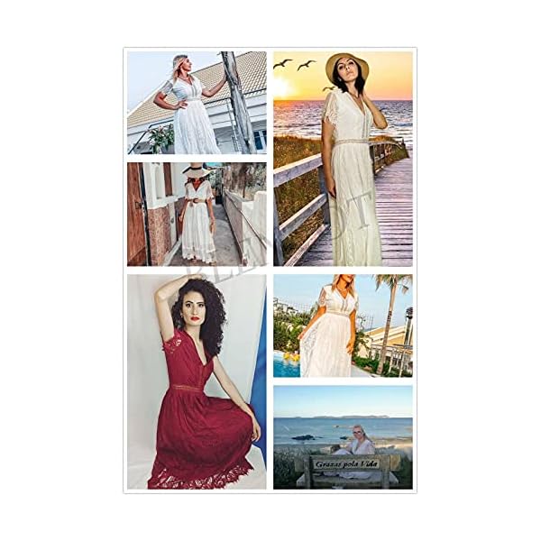 BLENCOT Womens Casual Floral Lace Deep V Neck Short Sleeve Long Evening Dress Cocktail Party Maxi Wedding Dresses Bohemian Flowy Boho Dress White Medium
