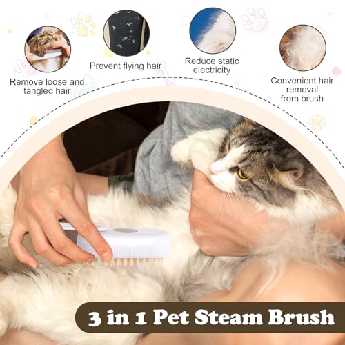 Image of 3-in-1 Cat Steam Brush for Shedding, Massaging & Grooming, Rechargeable, Misty Brush for Cats & Dogs, White, 3 Count