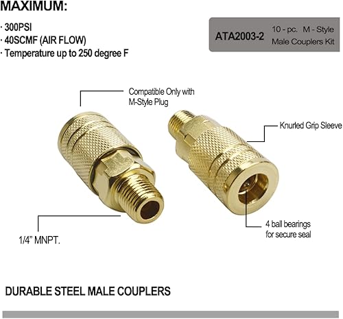 Miniatura 3 de Juego de 10 acopladores de aire macho, rosca NPT de 14 de pulgada y herramienta de conexión rápida de tamaño de cuerpo, acoplador estilo M de grado