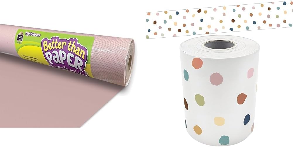 Light Mauve Better Than Paper® Bulletin Board Roll and Teacher Created Resources Painted Dots Border Trim