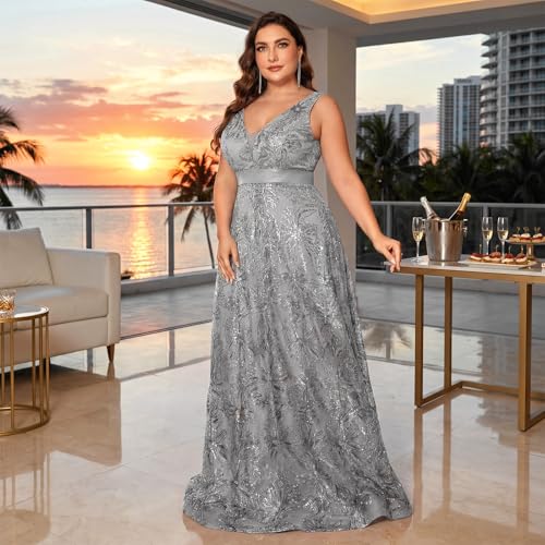 Image of Plus Size Formal Dresses for Women with Embroidery Sequin and V-Neck, A-Line Maxi Dress for Wedding and Cocktail