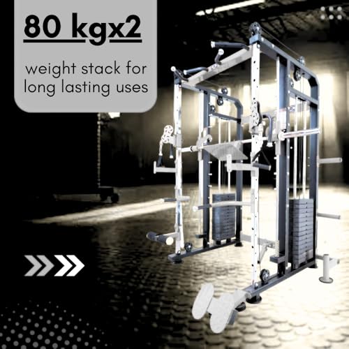 Image of Gym24 Functional Trainer with Smith Machine Home Gym Setup G24FTS501 | Dual 80 kg PVC Weight Stack | Multi Gym with Leg Press Pull Up Dip Bars T Bar Row | Grey Black