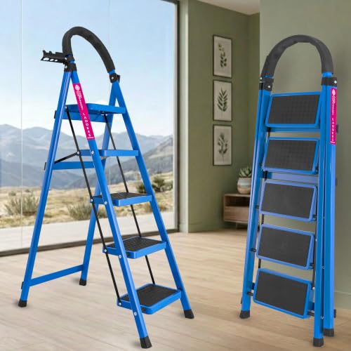 Image of Casa Copenhagen Blue 5 Step Ladder for Home Use with Built-in Tool Tray | Heavy Duty D Shape Rods | Ultra Large Platform | 150Kg Capacity Foldable Ladder - 7 Years Warranty