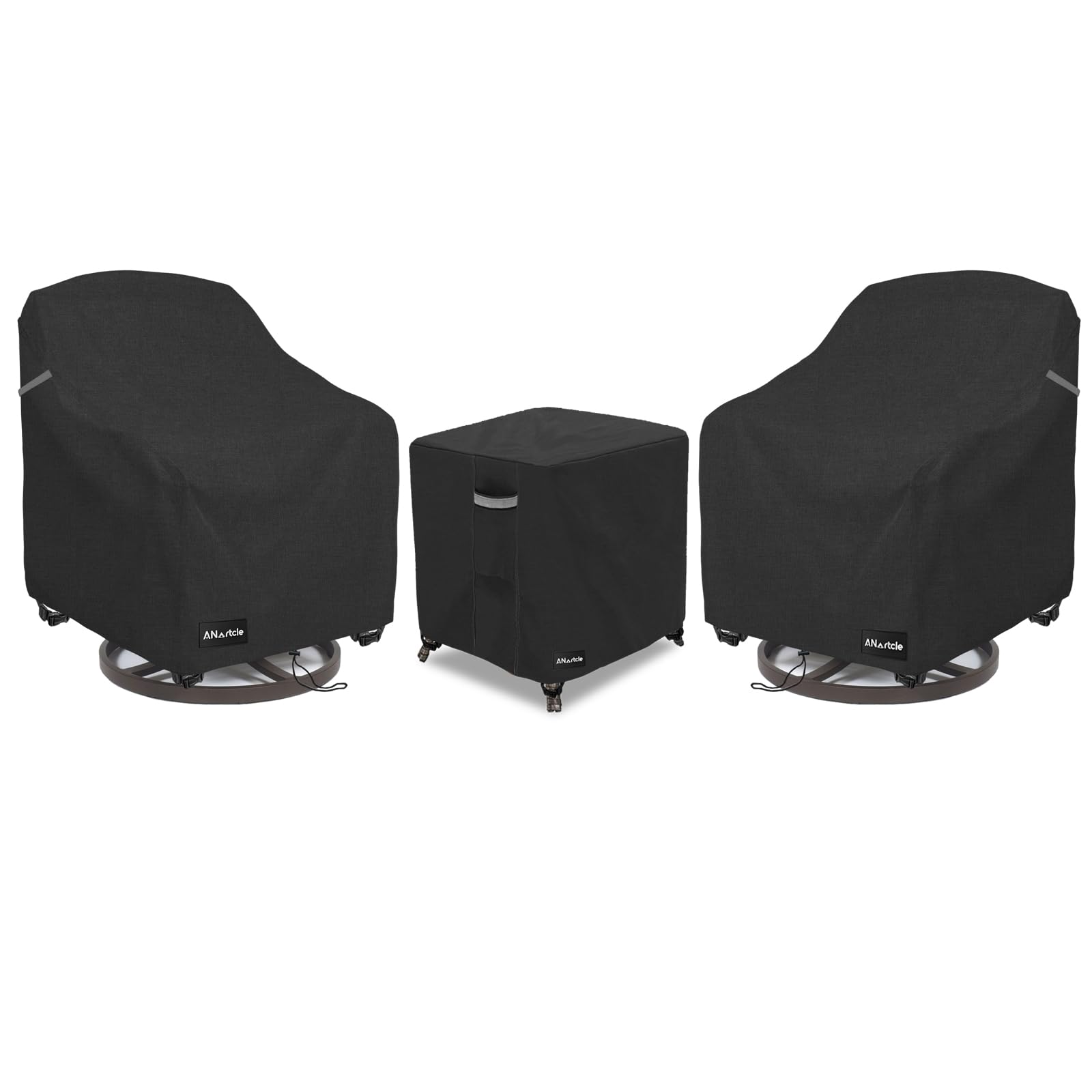 ANartcle 3 Pieces Patio Bistro Sets Cover,600D Waterproof Heavy Duty Patio Furniture Covers,Includes 2 Outdoor Swivel Chair Covers and 1 Patio Wicker Side Table Cover(Black)