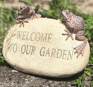 WELCOME TO OUR GARDEN stone effect Frog lover garden or pond ornament decoration