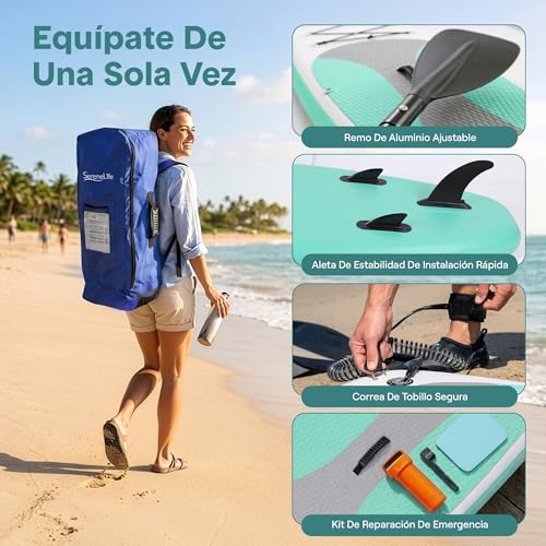 Miniatura 8 de Serenelife Tabla Paddle Surf Hinchable, Paddle Board, Cubierta Antideslizante, Aleta Inferior Para Remar, Estuche Para Guardar, Barco De Pie Para Jovenes Y Adultos