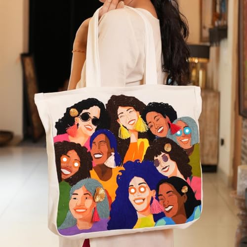 Image of picknMAKE DIY Embroidery Tote Bag for Women - Stylish & Aesthetic Office Bag | Customizable with Sequins, Crochet Rings, Gota Flowers & Tassels | 16 inch x 16 inch with Zipped Pocket All Materials Included