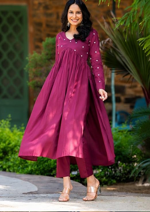 Image of Women's Long Kurta Set with Pant Polka Dots, Embroidered, V-Neck Empire Waist, Full Sleeves