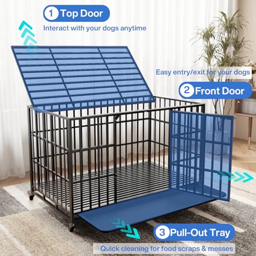 LEMBERI 48 Inch Heavy Duty Dog Crate for Large Dogs | Indestructible indoor dog kennel, escape proof cage for high anxiety dogs with double door, lockable wheels, removable tray - Image 4