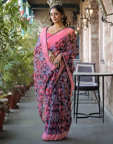 Image of SIRIL Women's Chiffon Printed Saree with Unstitched Blouse Piece