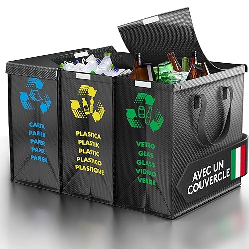 PTMS® Sac tri selectif avec Un Couvercle - Poubelle tri selectif 3 bac pour Le Verre, Le Papier et Le Plastique - Déchets et Recyclage Poubelle tri des...