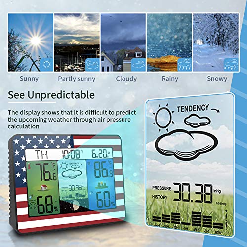 Geevon Weather Station Home Wireless Indoor Outdoor Temperature Humidity Monitor,Atomic Digital Clock Barometer Thermometer Hygrometer Color Forecast Station with Sensor(American Flag Pattern) - Thumbnail 3