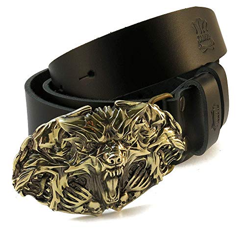 Leather belt with brass buckle Cerberus, Handmade underworld Hound of Hades solid brass belt buckle on leather belt