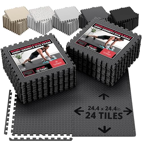 Image of bemaxx Gym Mats Set - 24 pcs EVA Interlocking Foam Floor Tiles (24.4 inchx24.4 inchx0.4 inch) 96 sqft Protective Gym Flooring Sports Home Workout Exercise Mats Puzzle Garage Fitness Play-Room Pool Treadmill Bike