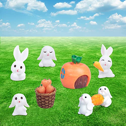 MONCAP 8 Stücke Mini Osterhasen Figuren Miniatur Kaninchen Ornamente Ostern Hasen Dekofigur Hasefiguren Osterdekoration Überraschungsgeschenk für Kinder Fee Garten Landschaft Bonsai Frühling Deko Cover