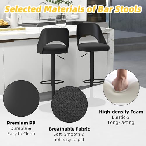 civama Bar Stools Set of 3 for Kitchen Counter, Seat Height Adjustable 25\'\'-33\'\', Modern Upholstered Swivel Island Chairs with Hollow Backrest Metal Base, Black Cotton Linen Fabric with Black Base - Thumbnail 4