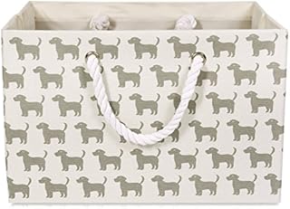 Foldable White Canvas Storage Basket - Rectangle Fabric Basket with Grey Dog Pattern  Perfect for Household Storage, Fabrics or Toys. Size: Width 42cms x Depth 32cms x Height 28cms